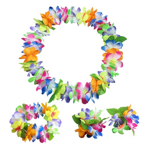 JIHUOO Hawaii-Party-Ketten, Armband, Haarband, Hawaii-Thema, Blumen-Halskette, Hula-Tanz-Zubehör, tropische Blume, Leis, Sommer, Strand, Party, Dekoration, bunt, 4 Stück JIHUOO Hawaii-Party-Ketten, Armband, Haarband, Hawaii-Thema, Blumen-Halskette, Hula-Tanz-Zubehör, tropische Blume, Leis, Sommer, Strand, Party, Dekoration, bunt, 4 Stück von JIHUOO