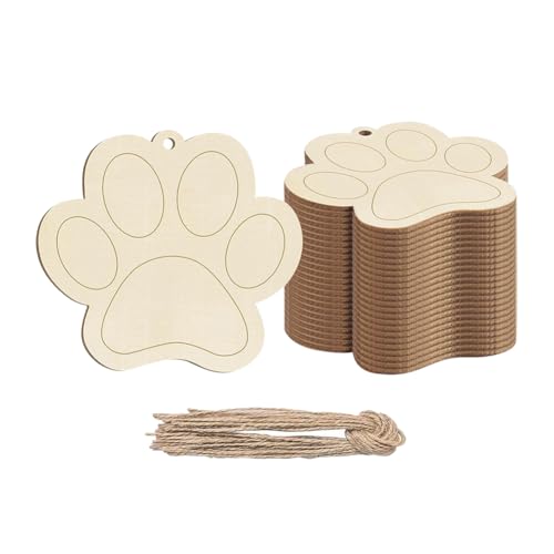 JIHUOO Hundepfoten-Ornamente aus Holz, Hundepfotenabdrücke, Holzpfotenabdruck, unlackierte Holzscheiben, blanko, Holzscheiben, hängende Hundedekorationen mit Löchern, 24 Stück von JIHUOO