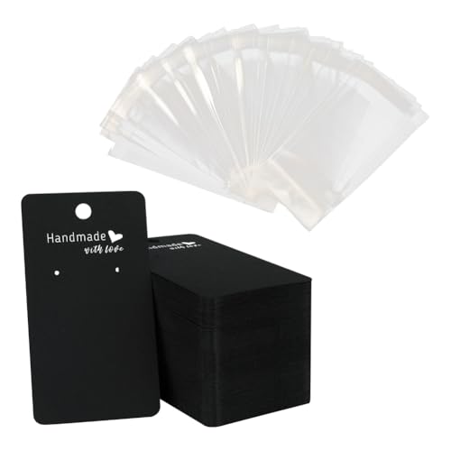 JIHUOO Ohrring-Präsentationskarten mit Taschen, Ohrringe, Verpackung, Kartenanhänger, Ohrstecker, Hängekarten, Schmuck, Verkaufskarten für kleine Unternehmen, Einzelhandel, Schwarz, 100 Stück von JIHUOO