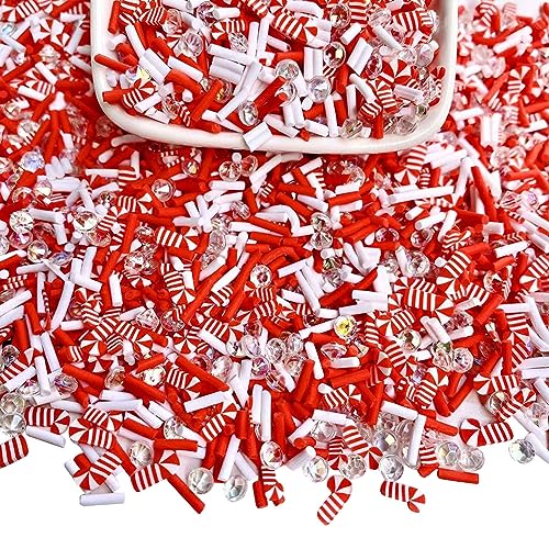 JIHUOO Polymer-Ton, Weihnachtsscheiben, Streusel, Ton, Zuckerstangen, Charms, Perlen, Nagelkunst-Scheiben, Pfefferminz-Süßigkeiten-Thema, Scrapbooking, Verzierungen, Rot und Weiß, 200 g von JIHUOO