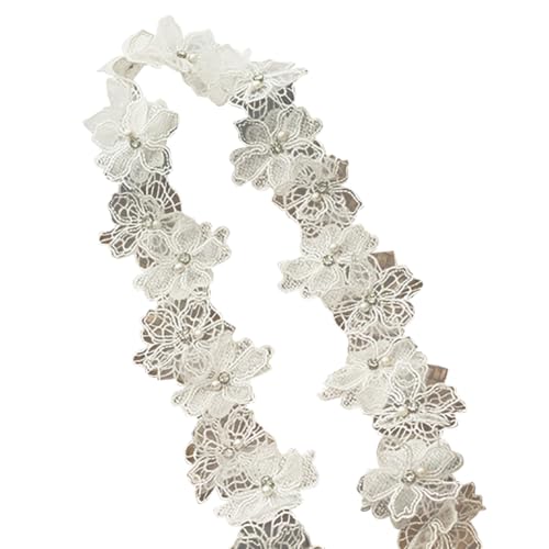 Spitzenborte mit Perlenverzierung, bestickt, mit Strasssteinen, für Hochzeitskleid, Verzierung, Stoff, Blumenapplikation, Band mit Blumenrand, Weiß, 2 Yards x 8 cm von JIHUOO