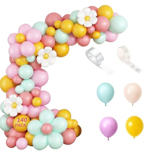 Balloon Arch Kit Lovely Macaron Daisy Balloon, JIJICZ 140Pack Reusable Pastell Colours Balloon Garland With Strips Glue Dots For Birthday Wedding Baby Shower von JIJICZ
