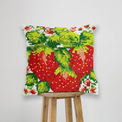 JILIP Erdbeer Kreuzstichset, Knüpfhaken Sets für Erwachsene, DIY Kissen Mit Aufdruck, Kissenbezug Teppichbezug Heimsofa Garn Handarbeit(Red) von JILIP