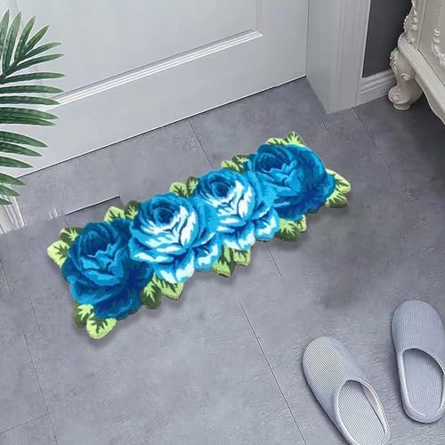 JILIP Knüpf Set Zum Selbermachen Mit Aufgedrucktem Muster, Rose Crafts Kissenset Matte Teppich Stickgarn Sets, für Erwachsene Teppich Bastel Haken Teppich Kits (Color : Blue) von JILIP