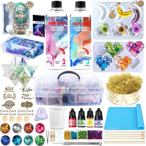 Epoxidharz-Kits und -formen, komplettes Set, 473 ml, Epoxidharz für Schmuckherstellung und Bastelarbeiten, inklusive Silikonformen, Pigmenten, Glitzer, Goldfolie, Silikonmatte und Zubehör für Epoxidharz-Kits und -formen, komplettes Set, 473 ml, Epoxidharz für Schmuckherstellung und Bastelarbeiten, inklusive Silikonformen, Pigmenten, Glitzer, Goldfolie, Silikonmatte und Zubehör für von JILLSKY