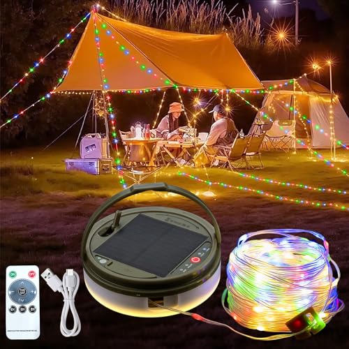 JIMACRO Camping Lichterkette Solar Aufrollbar, 12M/39.37ft 120 LED Lichterkette Solar Außen Wetterfest Camping Solar Lichterkette Aussen Camping für Camping,Hof, Party, Hochzeit (Mehrfarbig) von JIMACRO