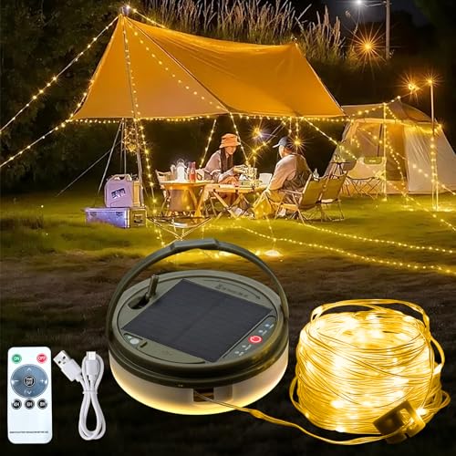 JIMACRO Camping Lichterkette Solar Aufrollbar, 12M/39.37ft 120 LED Lichterkette Solar Außen Wetterfest Camping Solar Lichterkette Aussen Camping für Camping,Hof, Party, Hochzeit (Warmweiß) von JIMACRO