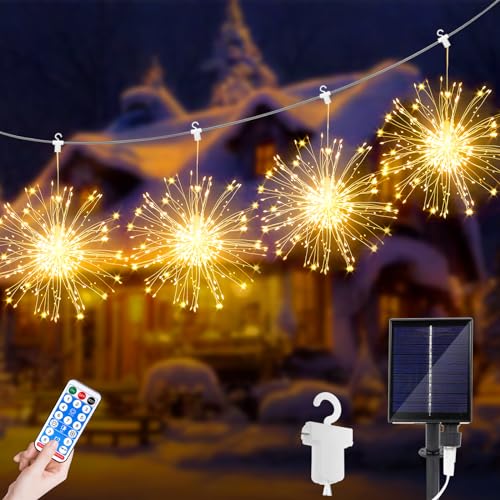 JIMACRO LED Lichterketten, 4 Stück 120 LEDs Weihnachtslicht Starburst, Solar 8 Modi Wasserdicht Lichterkette Feuerwerk mit Fernbedienung Außen Innen für Weihnachten, Party, Hochzeit von JIMACRO