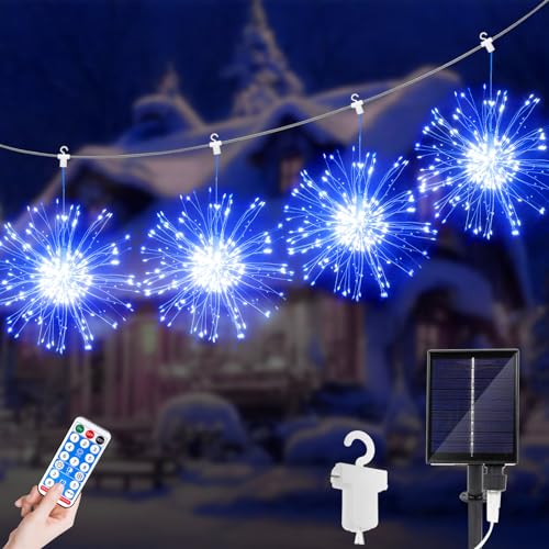 JIMACRO LED Lichterketten, 4 Stück 120 LEDs Weihnachtslicht Starburst, Solar 8 Modi Wasserdicht Lichterkette Feuerwerk mit Fernbedienung Außen Innen für Weihnachten, Party, Hochzeit von JIMACRO