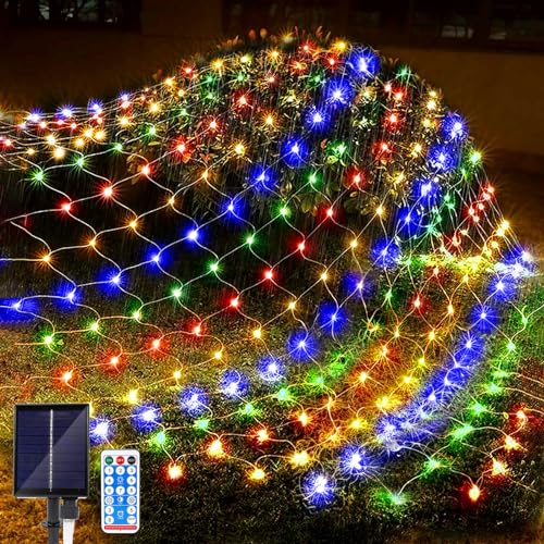 JIMACRO Lichternetz Solarleuchten Außen, 1,5 m x 1.5 m 96 LEDs Wasserdichte Lichterkette Netz mit 8 Modi, Fernbedienung, Baum Lichterkette für Garten Weihnachten Hochzeit Party Dekoration von JIMACRO