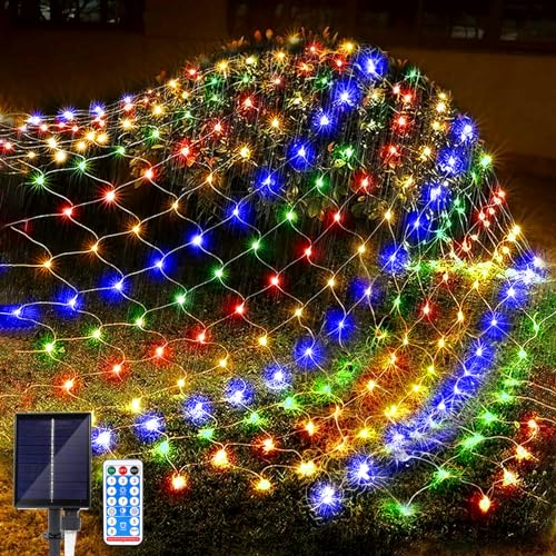 JIMACRO Lichternetz Solarleuchten Außen, 2m x 3m 192 LEDs Wasserdichte Lichterkette Netz mit 8 Modi, Fernbedienung, Baum Lichterkette für Garten Weihnachten Hochzeit Party Dekoration von JIMACRO