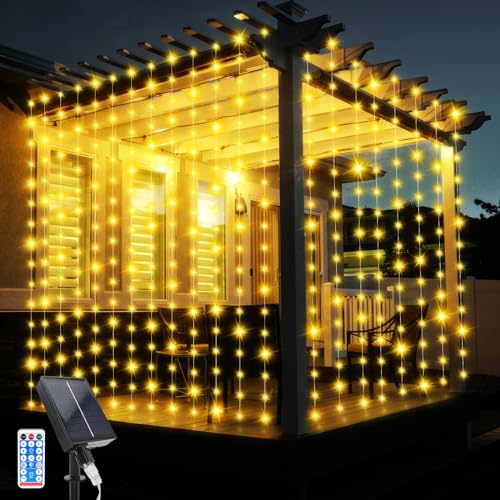 JIMACRO Solar Vorhang Lichterkette, 3Mx3M Solar Lichtervorhang 10 Pcs String Lichter 8 Modi 300 LED Wasserdichte Lichterkette Fernbedienung für Außen Garten Pavillon Balkon Hochzeit Party Deko von JIMACRO