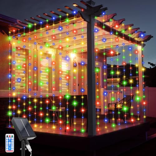 JIMACRO Solar Vorhang Lichterkette, 3Mx3M Solar Lichtervorhang 10 Pcs String Lichter 8 Modi 300 LED Wasserdichte Lichterkette Fernbedienung für Außen Garten Pavillon Balkon Hochzeit Party Deko von JIMACRO