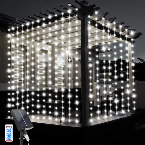 JIMACRO Solar Vorhang Lichterkette, 3Mx3M Solar Lichtervorhang 10 Pcs String Lichter 8 Modi 300 LED Wasserdichte Lichterkette Fernbedienung für Außen Garten Pavillon Balkon Hochzeit Party Deko von JIMACRO