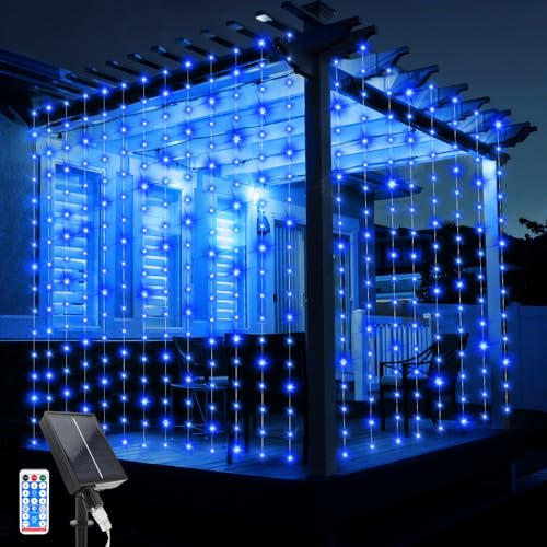 JIMACRO Solar Vorhang Lichterkette, 3Mx3M Solar Lichtervorhang 10 Pcs String Lichter 8 Modi 300 LED Wasserdichte Lichterkette Fernbedienung für Außen Garten Pavillon Balkon Hochzeit Party Deko von JIMACRO