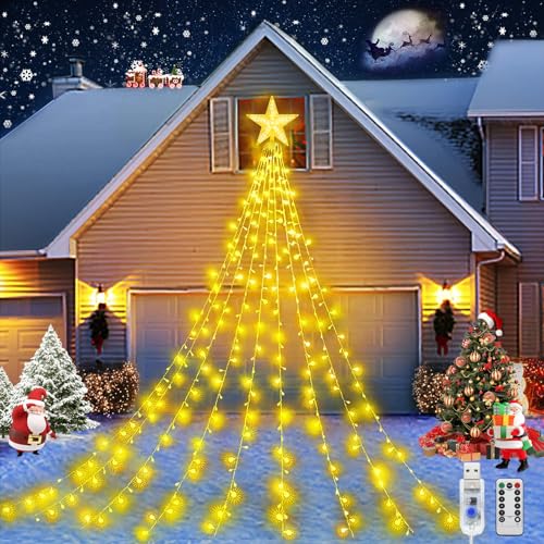 JIMACRO Weihnachtsbaum Außenlichter, 9Pcs*2M Christbaumbeleuchtung mit Sterne, 8 Modi 198 LEDs Wasserdicht USB LED Weihnachtsbaum Lichterkette mit Fernbedienung Außen für Rasen, Garten, Party, Fest von JIMACRO