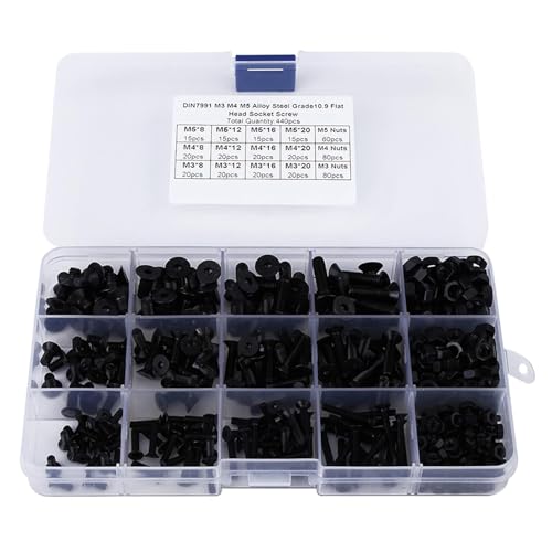 Werkzeug kompatibel mit Flachkopfschrauben aus Edelstahl, 440 Stück M3 M4 M5, Sechskantschraube, Flachkopfschraube mit Innensechskant, legierter Stahl, schwarze Schrauben, Hohlkopfschrauben von JIMIGGAO
