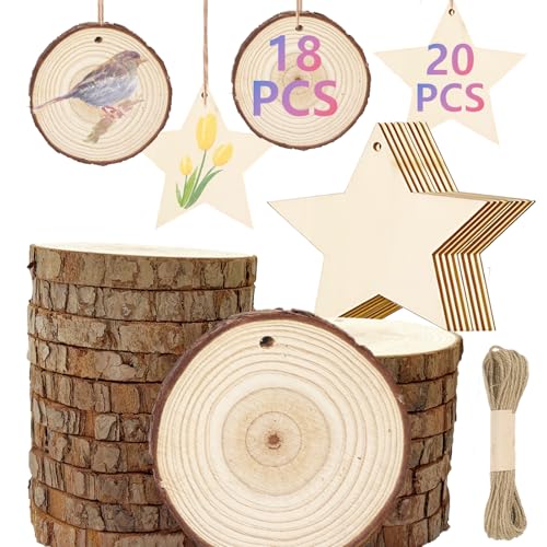 38 Stücke Weihnachtsdeko Holzscheiben,18 Baumscheiben mit Loch 7-8cm, 20 Holzsterne Zum Basteln, Rund Holzanhänger Weihnachten zum Bemalen, für Handwerk DIY, Party Herbstzeit Deko,mit Juteseil von JINGTOPS