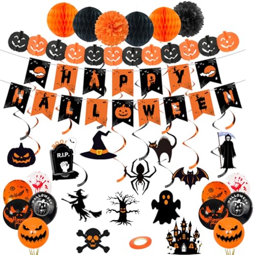 JINGTOPS Halloween Deko Innen Set,Helloween Decoration Party Deko,Happy Halloween Banner,Luftballons,Girlande,Fledermaus,Helloween Decoration Kinderparty Accessoires JINGTOPS Halloween Deko Innen Set,Helloween Decoration Party Deko,Happy Halloween Banner,Luftballons,Girlande,Fledermaus,Helloween Decoration Kinderparty Accessoires von JINGTOPS