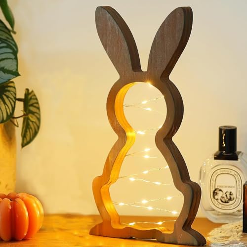 LED Osterhase Holz, Modern Osterdeko aus Holz, Dekorativer Holz Osterhase zum Hinstellen mit Lichterkette Osterbeleuchtung Dekohase Lampe Oster Deko Garten Draußen Innen Osterdeko Tisch (21x11.5cm) von JINGTOPS