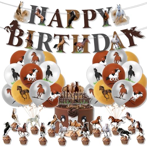 Pferderennen Geburtstagsdeko, Pferd Geburtstag Party Deko Set, Pferd Thema Party Dekorationen mit Happy Birthday Banner, Kuchenaufsätze, Luftballons für Pferderennen Geburtstag Cowboy Dekor von JINGYOU