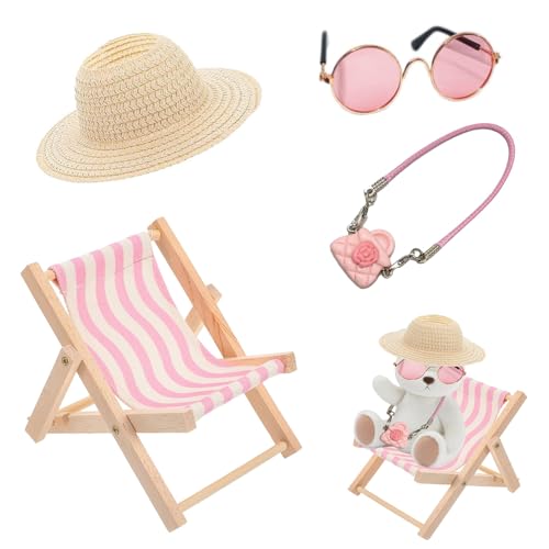 JINJUMEI 4 Stück Puppe Zubehör, Puppe Have a Seat, Rosa Gestreiftem Liegestuhl, Beigefarbener Strohhut, rosa Brille und rosa Beutel, Zubehör-Sets für Puppen,Ideal Als Auto Deko und Geburtstagsgeschenk von JINJUMEI