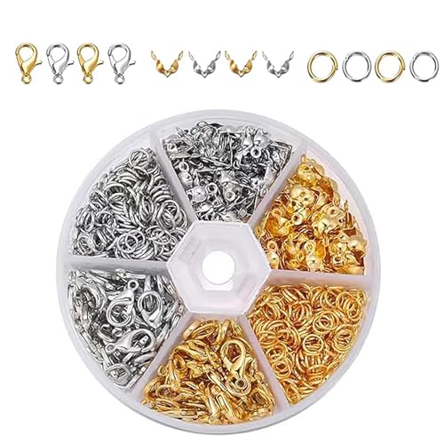 JINJUMEI 1140 Stück Armband Verschluss Set, 2 Farben Ketten Verschlüsse, Gold Silber Karabinerverschluss und Biegeringe und Crimpenden für DIY Armband Schmuckherstellung von JINJUMEI