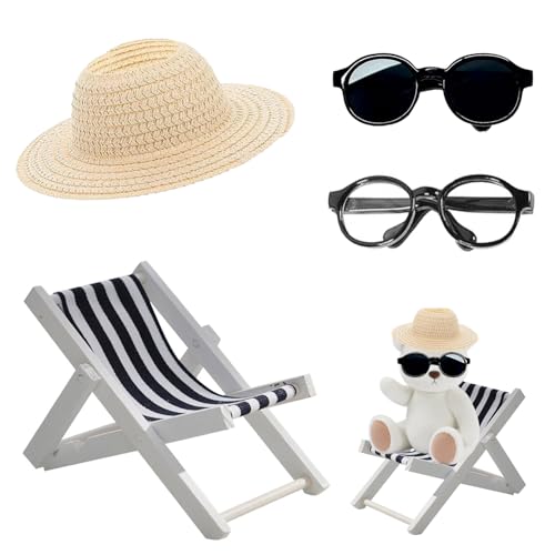 JINJUMEI Puppen Have a Seat, Dekoratives Puppen Zubehör, 4-Teiliges Set Mit Liegestuhl, Beigefarbener Strohhut und Schwarze Brille für Puppe Fans, Ideal Als Auto Deko und Geburtstagsgeschenk von JINJUMEI