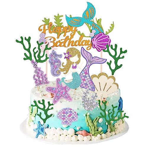 Meerjungfrau Tortendeko Geburtstag - Ocean Theme Cupcake Toppers, Happy Birthday Kuchendeko, Glitzer Torten Deko für Mädchen Frauen Mermaid Party von JINLAIYUN