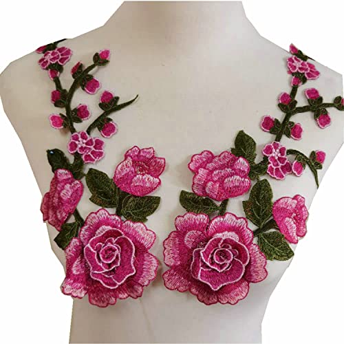 2 Stück/Set 3D-Blumen-Stickerei-Applikation für Abendrock, Kleidung, Spitzenkragen, Dekoration, Nähapplikationen (Rosarot) von JINMOMOMO