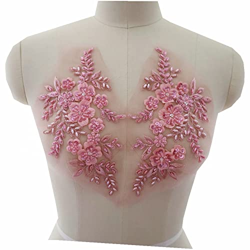 2 Stück 3D bestickte Perlen mit Spitze Blume Applikation Stoff Patches Nähen auf Patches Hochzeit Hochzeitskleid Kleidung Kleid Dekoration Handwerk (Rosa) von JINMOMOMO