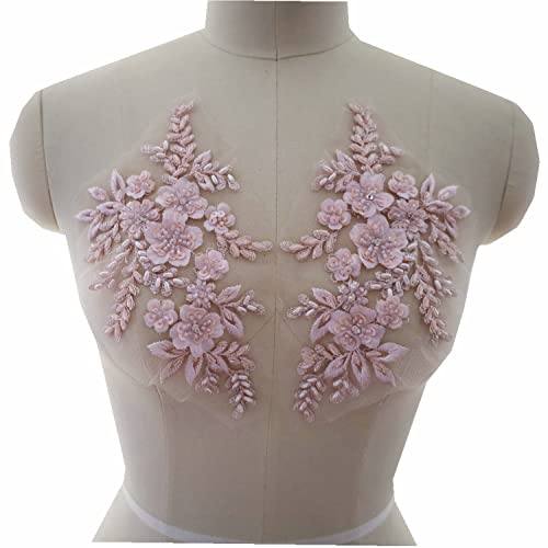 2 bestickte Perlen, 3D-Blumen-Applikation, Spitze, Stoffaufnäher, Aufnäher, Hochzeit, Brautkleid, Kleidung, Kleid, Dekoration, DIY Handwerk (Hellrosa) von JINMOMOMO