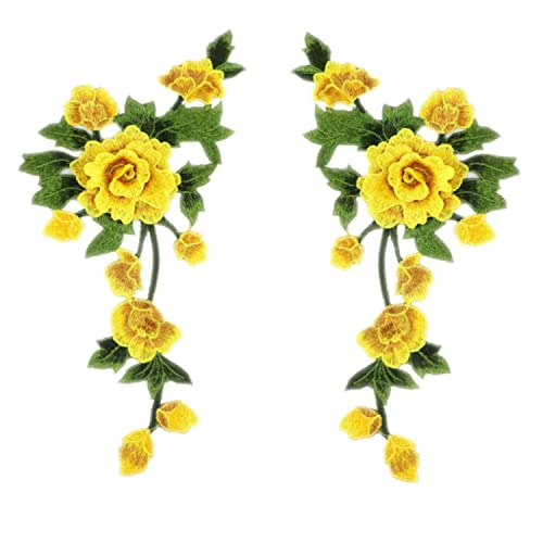 2 x Pfingstrosen-Blumen-Stickerei-Flicken, Stoff, bestickte Applikationen, Kostüm, Kleid, Kleidung, Aufkleber, Zubehör (gelb) von JINMOMOMO