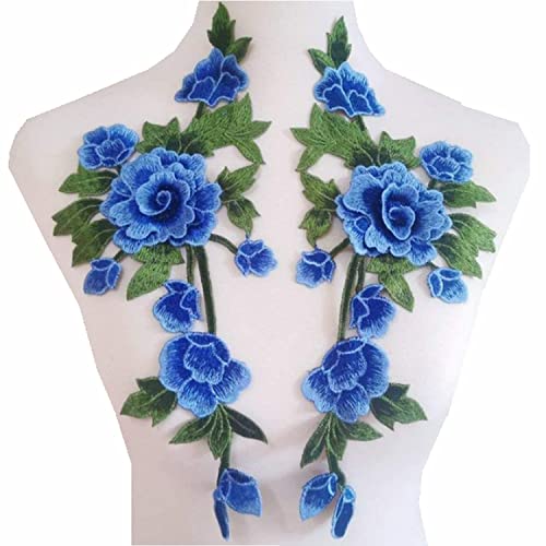 2 x Pfingstrosen-Stickerei-Flicken aus Stoff, bestickte Applikationen, Kostüm, Kleid, Kleidung, Aufkleber, Zubehör (blau) von JINMOMOMO