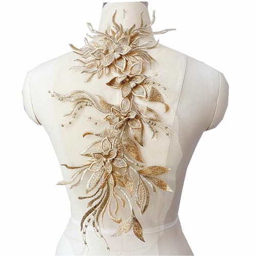 3D-Blumen-Spitzenapplikation, bestickte Blumen-Patches, Blumenperlen-Stickerei, Aufnäher, Brautschmuck, Hochzeitskleid, Kostüm, Dekoration, Nähen, Spitzenapplikationen, Basteln, Dekoration (Gold) von JINMOMOMO