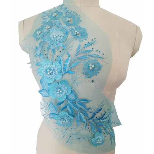 3D-Blumen-Spitzenapplikation, bestickter Blumenaufnäher mit Perlen, zum Aufnähen, Kleidung, Brautschmuck, Hochzeit, Tanzkleid, Dekoration (Himmelblau) von JINMOMOMO