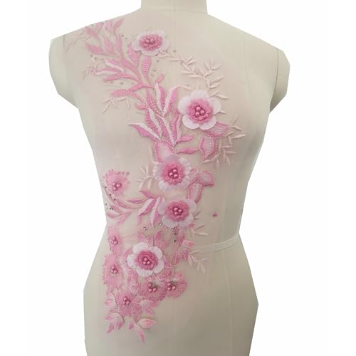 3D-Blumen-Spitzenapplikation, bestickter Blumenaufnäher mit Perlen, zum Aufnähen, Kleidung, Brautschmuck, Hochzeit, Tanzkleid, Dekoration (Rosa) von JINMOMOMO