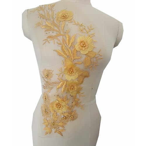 3D-Blumen-Spitzenapplikation, bestickter Blumenaufnäher mit Perlen, zum Aufnähen, Kleidung, Brautschmuck, Hochzeit, Tanzkleid, Dekoration (gelb) von JINMOMOMO