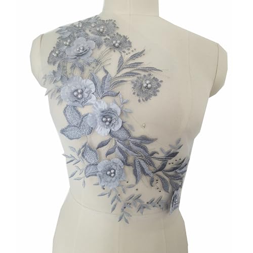 3D-Blumen-Spitzenapplikation, bestickter Blumenaufnäher mit Perlen, zum Aufnähen, Kleidung, Brautschmuck, Hochzeit, Tanzkleid, Dekoration (grau) von JINMOMOMO