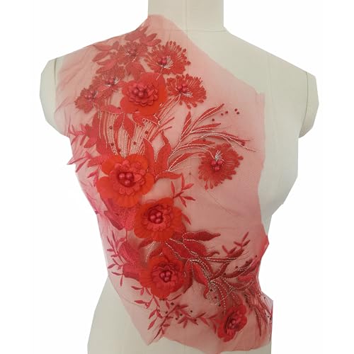 3D-Blumen-Spitzenapplikation, bestickter Blumenaufnäher mit Perlen, zum Aufnähen, Kleidung, Brautschmuck, Hochzeit, Tanzkleid, Dekoration (rot) von JINMOMOMO