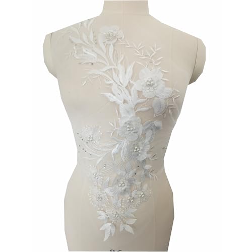 3D-Blumen-Spitzenapplikation, bestickter Blumenaufnäher mit Perlen, zum Aufnähen, Kleidung, Brautschmuck, Hochzeit, Tanzkleid, Dekoration (weiß) von JINMOMOMO