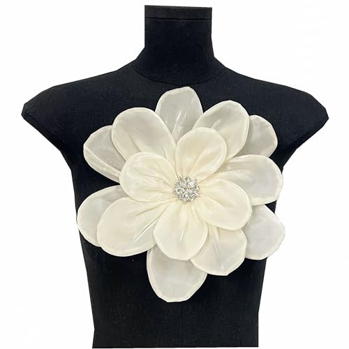 3D Chiffon Blume Patch mit Strass Satin Kleidung Patch Brosche Corsage Zubehör DIY Handgemachte Kleidung Applikationen Abendkleid Nähen (Beige) von JINMOMOMO