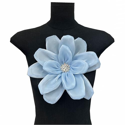3D Chiffon Blume Patch mit Strass Satin Kleidung Patch Brosche Corsage Zubehör DIY Handgemachte Kleidung Applikationen Abendkleid Nähen (Blau) von JINMOMOMO