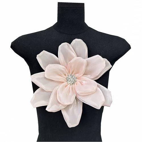 3D Chiffon Blume Patch mit Strass Satin Kleidung Patch Brosche Corsage Zubehör DIY Handgemachte Kleidung Applikationen Abendkleid Nähen (Rosa) von JINMOMOMO