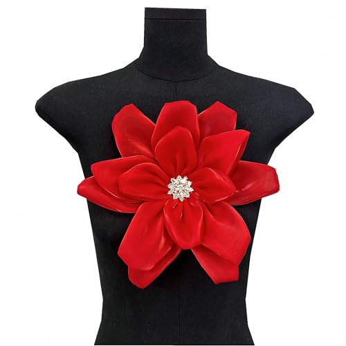 3D Chiffon Blume Patch mit Strass Satin Kleidung Patch Brosche Corsage Zubehör DIY Handgemachte Kleidung Applikationen Abendkleid Nähen (rot) von JINMOMOMO