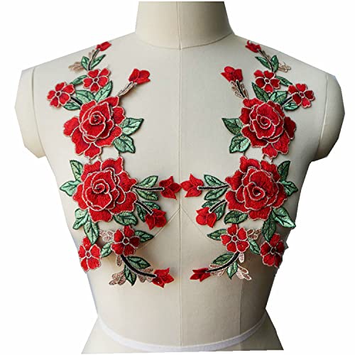 Bestickter Aufnäher mit Rosen-Blumen, 3D-Pfingstrosen-Applikationen, Spitzenbesatz, Stoff-Kragen-Flicken für Kleidung, Hochzeit, Braut, Abendkleid, DIY-Dekoration (rot) von JINMOMOMO