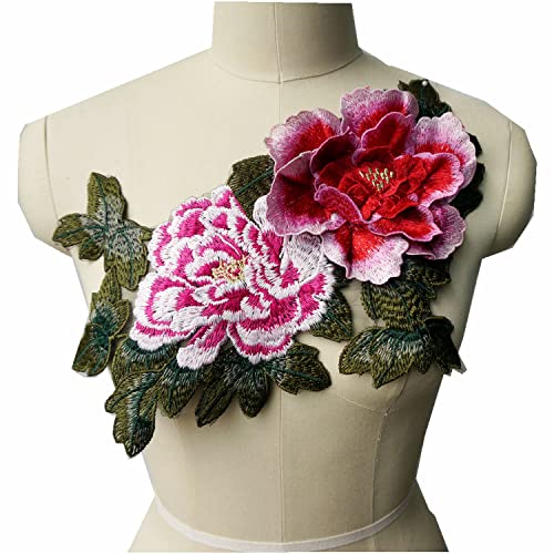 Große bestickte 3D-Pfingstrosen, Blumen, Blätter, Aufnäher, Applikation, Hochzeitskleid, Brautkleid, Abendkleid, Cheongsam-Kleid, DIY-Dekoration, Handwerk (Rose Pink) von JINMOMOMO