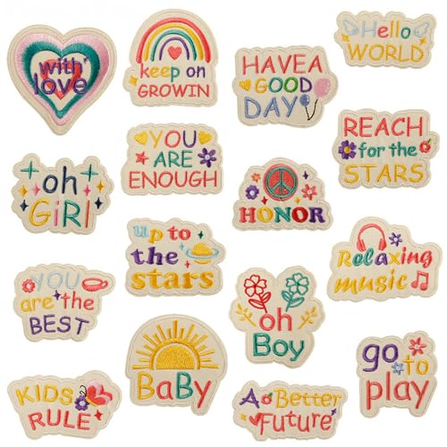 Inspirierendes Bügelflicken-Set, bunt, bestickte Applikationen, Buchstaben, positive motivierende Zitate, Designs für Kleidung, Kinder, Mädchen, Jacken, Taschen, Nähen, Dekoration (Stil 1 (16 Stück) Inspirierendes Bügelflicken-Set, bunt, bestickte Applikationen, Buchstaben, positive motivierende Zitate, Designs für Kleidung, Kinder, Mädchen, Jacken, Taschen, Nähen, Dekoration (Stil 1 (16 Stück) von JINMOMOMO
