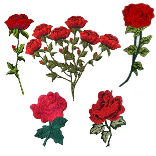 Rote Rose Floral Patches bestickte Blume Applikationen Nähen auf Patch DIY Stickerei Kleidung Kleid Tasche Mantel Dekoration Handwerk 5-teiliges Set von JINMOMOMO