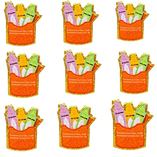Schulbedarf Bügelflicken Bleistift Buntstifte bestickte Applikation Pailletten Bügelflicken Gold Glitzer Trim für DIY Kinder Kleidung Jeans T-Shirt Pullover Tasche Rucksack Beginn Dekor (Stil 1) von JINMOMOMO